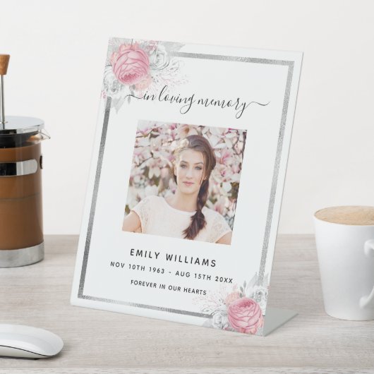 ホワイトシルバーピンクの花模様写真記念碑 台座サイン (インサイチュ)