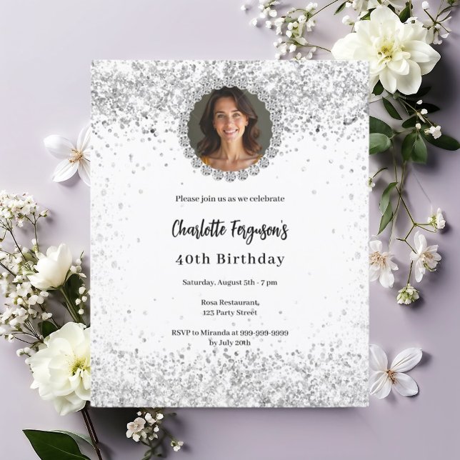 ホワイトシルバーフォトダイヤモンド誕生日の招待状 (クリエイターアップロード済み)
