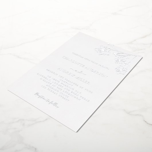 ホワイトシルバーフローラエレガントな結婚式 箔招待状 (回転した状態)