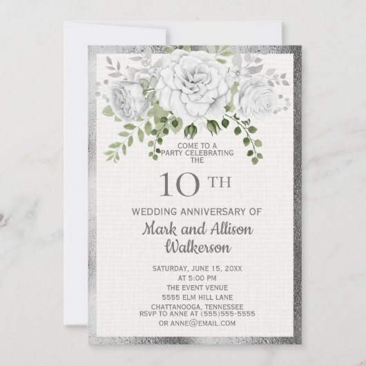 ホワイトシルバーフローラル 10周年結婚記念日 招待状 (正面)