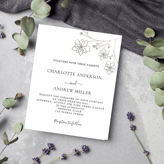 ホワイトシルバーフローラ予算結婚式招待状 チラシ