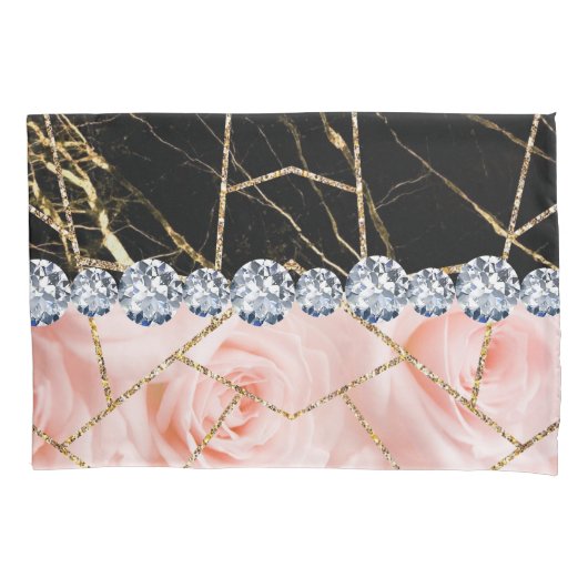 ホワイトシルバー大理石バラブラックグリッタースローピル 枕カバー (正面)