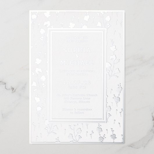 ホワイトシルバー結婚式招待状フローラテンプレート 箔シーズンカード (正面)