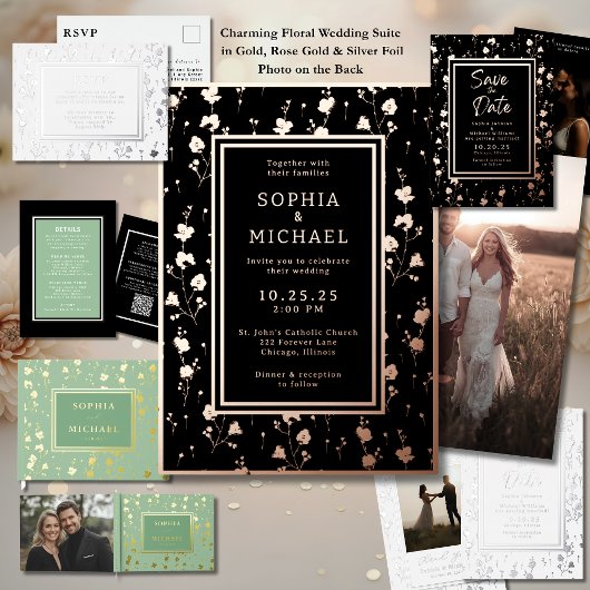 ホワイトシルバー結婚式招待状フローラテンプレート 箔シーズンカード