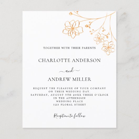 ホワイトシルバー金ゴールドフローラ予算結婚式招待状 チラシ (正面)