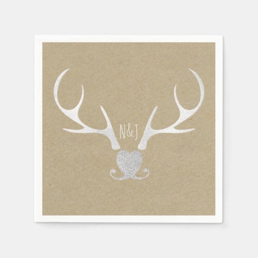 ホワイトシルバー〔雄ジカの〕枝角素朴&ブ結婚ラウン スタンダードカクテルナプキン (正面)