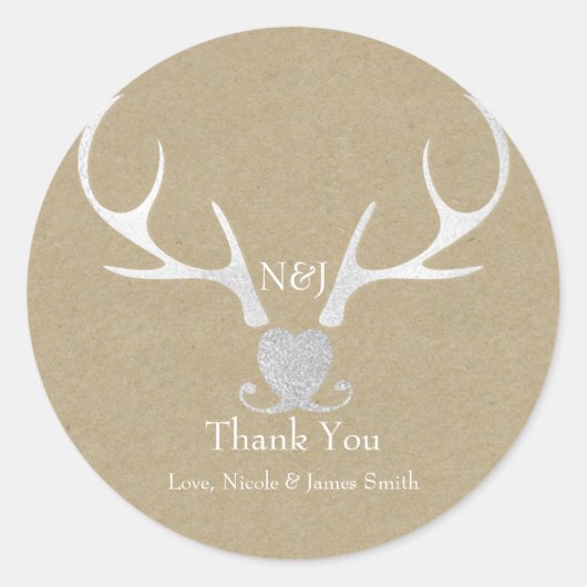 ホワイトシルバー〔雄ジカの〕枝角&ブラウン結婚式の引き出物 ラウンドシール (正面)