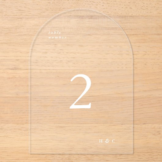 ホワイトシンプルアモダンクリルアーチテーブル番号 アクリル招待状 (正面)