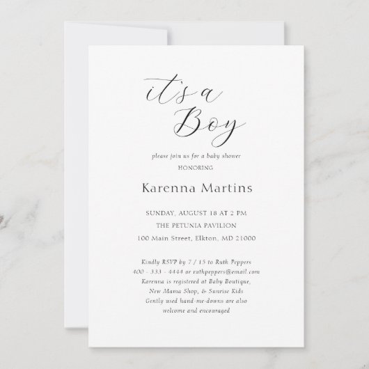 ホワイトシンプルミニマリスト男の子の赤ちゃんシャワー 招待状 (正面)