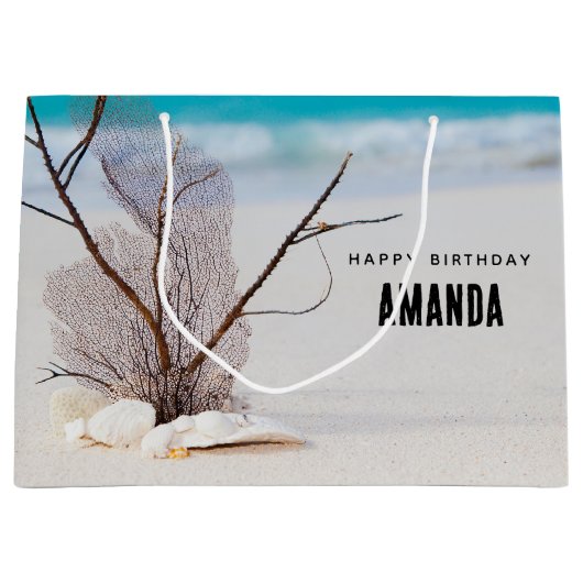 ホワイトシーシェルズオンザトロピカルビーチ誕生日 ラージペーパーバッグ (正面)