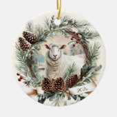 ホワイトシープファーム動物クリスマスピネコンリース セラミックオーナメント (正面)