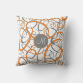 ホワイトジオメトリパターンのオレンジ色のグレーループ クッション (裏面)
