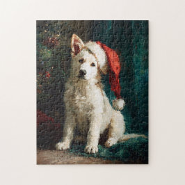 ホワイトジャーマンシェパードパピー クリスマス絵画 ジグソーパズル