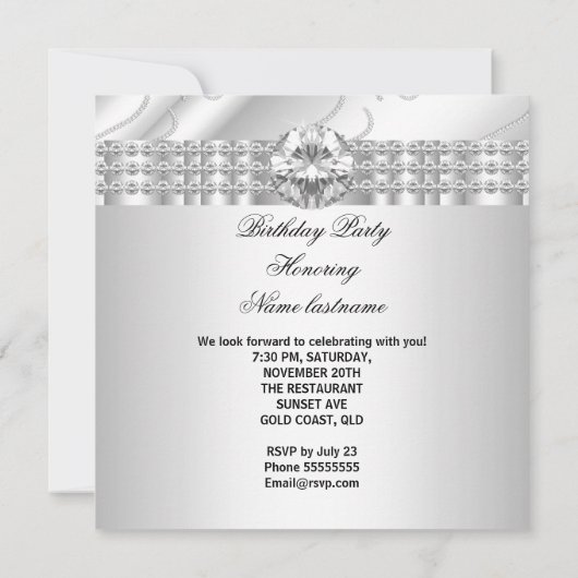 ホワイトジュエルエレガントダイヤモンドシルバーバースデーパーティー 招待状 (裏面)