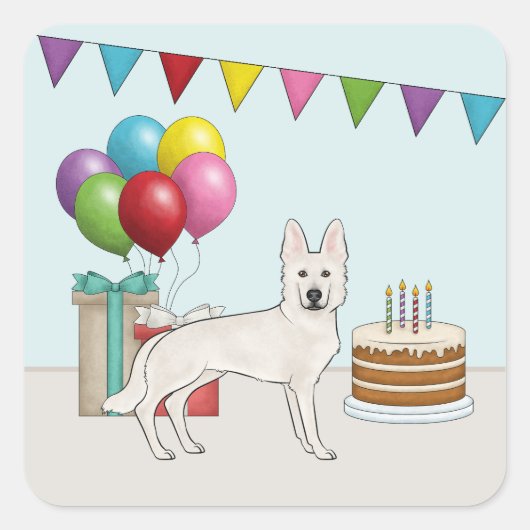 ホワイトスイスシェパードのカラフルな誕生日 スクエアシール (正面)