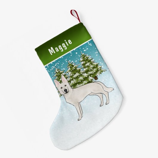 ホワイトスイスシェパード白GSD犬の冬の森 スモールクリスマスストッキング (裏面 (吊り時))