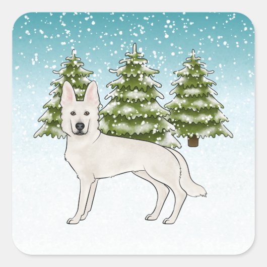 ホワイトスイスシェパード 白いGSD 犬 冬の森 スクエアシール (正面)