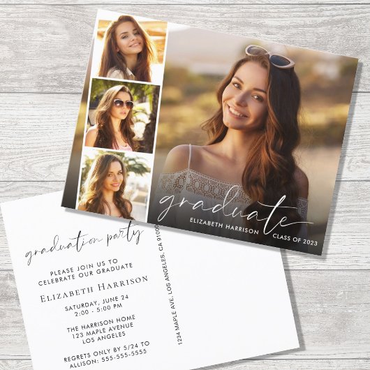 ホワイトスエレガントクリプトフォトストリップ卒業パーティー インビテーションポストカード