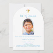 ホワイトスカイブルー写真のアーチボーイFirst Holy Communion 招待状 (正面)