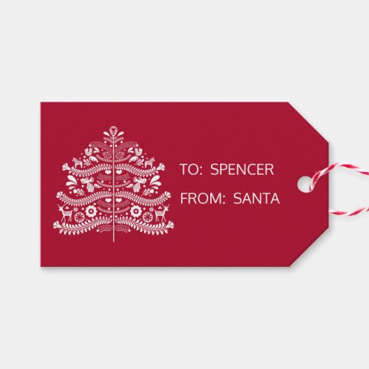 ホワイトスカンジナビアフォークアートノルディッククリスマスツリー ギフトタグ (正面(横))