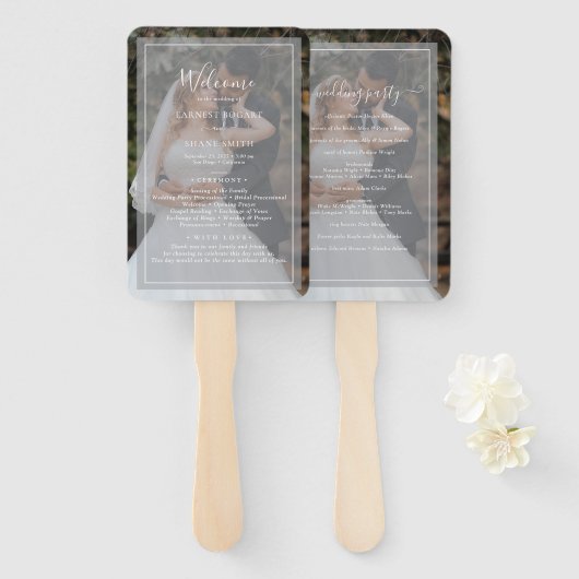 ホワイトスクエレガントリプトのフォトオーバーレイ結婚式 プログラム ハンドファン (正面&裏面)