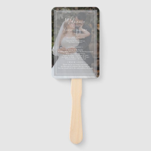 ホワイトスクエレガントリプトのフォトオーバーレイ結婚式 プログラム ハンドファン (正面)