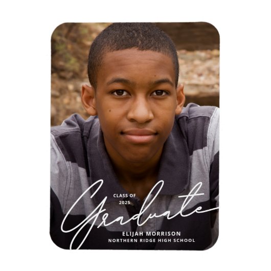 ホワイトスクリプトオーバーレイ写真の卒業発表 マグネット (縦)