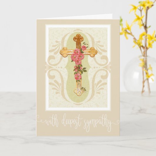 ホワイトスクリプトオーバーレイ |金ゴールドクロスバラ悔やみや弔慰 カード (黄色い花)