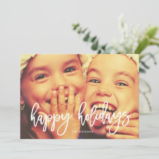 ホワイトスクリプトハッピーホリデーズクリスマスフォトカード シーズンカード (スタンド正面)