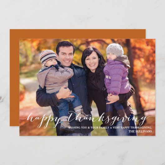 ホワイトスクリプトハッピー感謝祭フォトカード シーズンカード (正面/裏面)