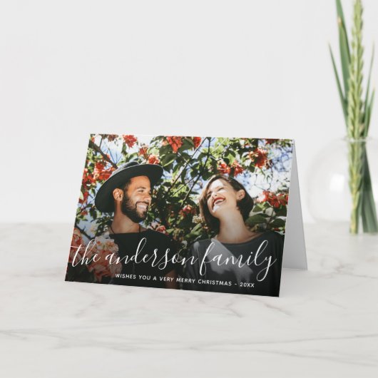 ホワイトスクリプトファミリー名クリスマスホリデー写真 シーズンカード (正面)