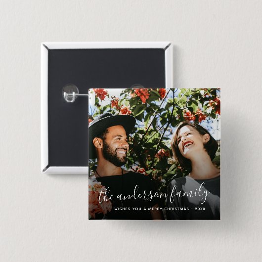 ホワイトスクリプトファミリー名クリスマスホリデー写真 缶バッジ (正面&裏面)