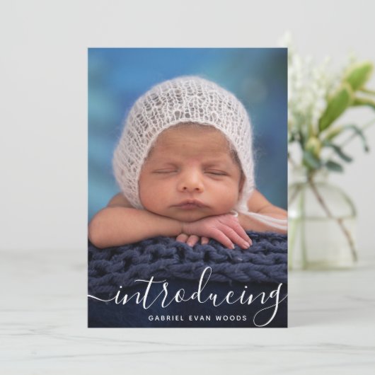 ホワイトスクリプトフォトオーバーレイの紹介ベビーバートス 案内状 (スタンド正面)