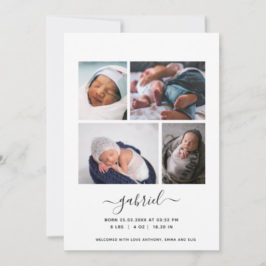 ホワイトスクリプトフォトオーバーレイの紹介ベビーバートス 案内状 (裏面)