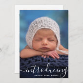 ホワイトスクリプトフォトオーバーレイの紹介ベビーバートス 案内状 (正面/裏面)