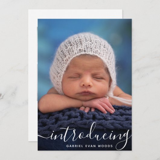 ホワイトスクリプトフォトオーバーレイの紹介ベビーバートス 案内状 (正面/裏面)