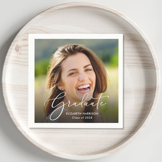 ホワイトスクリプトフォトオーバーレイ卒業パーティー スタンダードカクテルナプキン