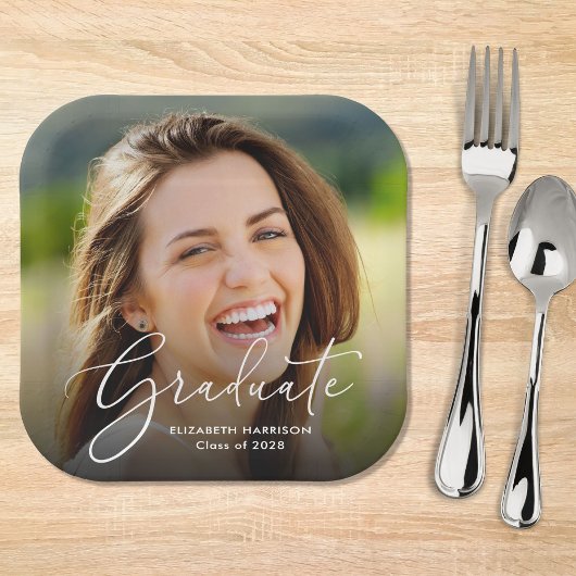 ホワイトスクリプトフォトオーバーレイ卒業パーティー ペーパープレート