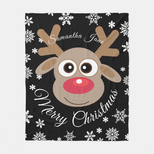 ホワイトスクリプトブラックという名前のかわいいクリスマスのトナカイ フリースブランケット (正面)