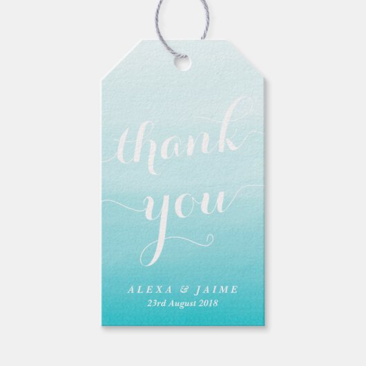 ホワイトスクリプトライトブルー水彩色グラデーションありがとう ギフトタグ (正面)