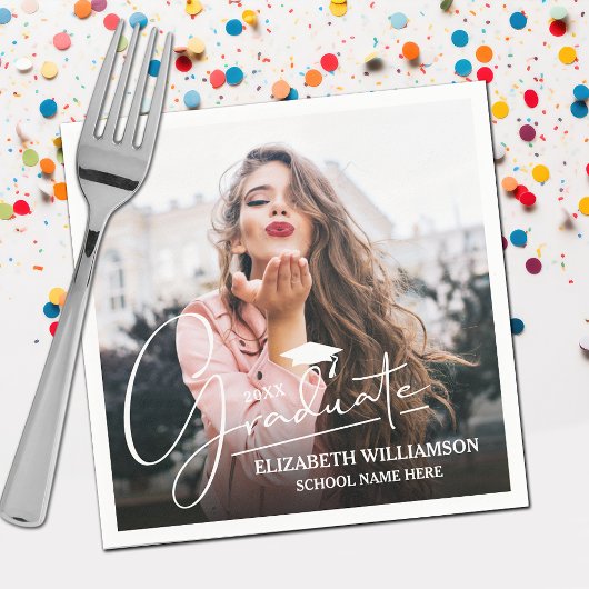 ホワイトスクリプト卒業キャップフォト スタンダードカクテルナプキン