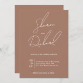 ホワイトスクリプト書道モカ結婚ミニマリスト 招待状 (正面/裏面)