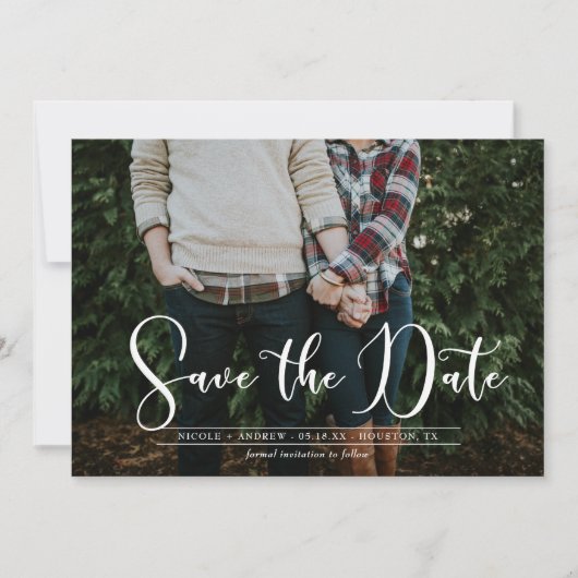 ホワイトスクリプトNavy Chevron写真Save the Date Card セーブザデート (正面)