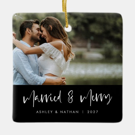 ホワイトスク結婚したリプトメリーと黒のフォトオーナメント セラミックオーナメント (正面)