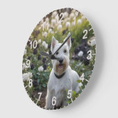 ホワイトスコティッシュテリアと白黒バラ ラージ壁時計 (傾斜)