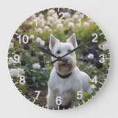 ホワイトスコティッシュテリアと白黒バラ ラージ壁時計 (正面)
