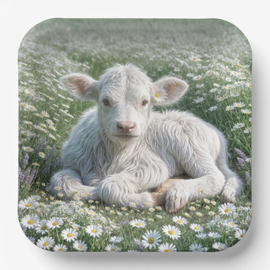 ホワイトスコティッシュハイランドカーフインデイジー草原 ペーパープレート (正面)
