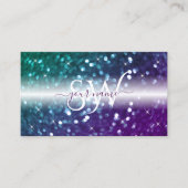 ホワイトスタイリッシュティール（緑がかった色）パープルスパークルグリッターイニシャル 名刺 (正面)