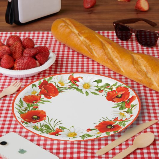 ホワイトスタイリッシュデイジーレッドポピズフラワーリース ペーパープレート (ピクニック)