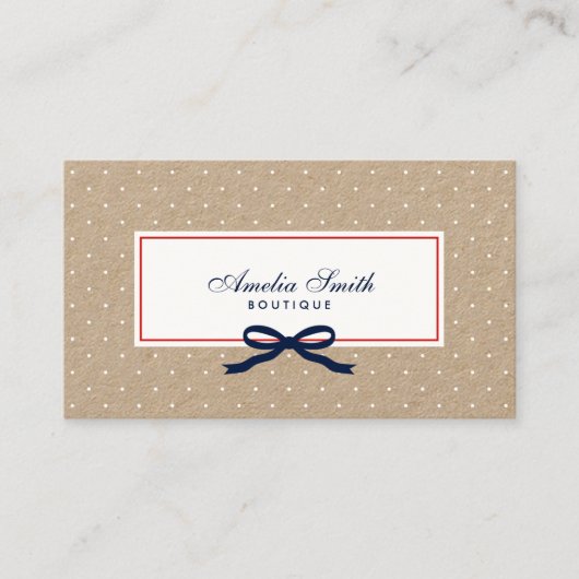 ホワイトスタイリッシュ水玉模様とブルーリボンクラフト 名刺 (正面)